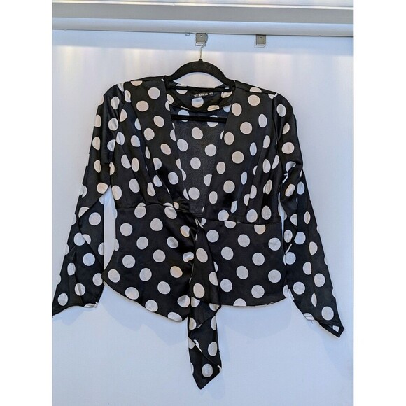 Polka Dot Blouse Womens Small Black White Button Down Deep V-neck Career Top 90s - Picture 1 of 13